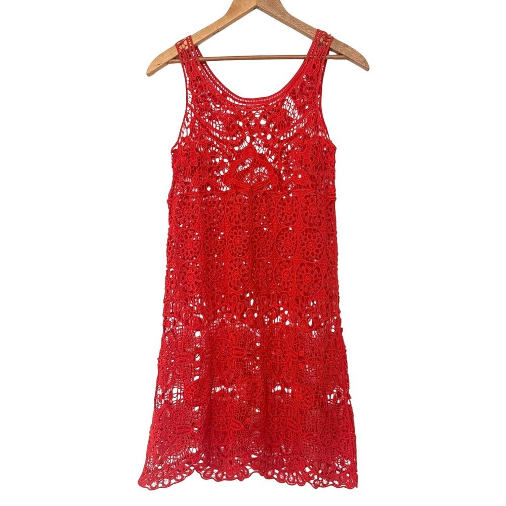 Orange Crochet Mini Dress Sleeveless Floral Lace Sheer Cover Up Festival Beach
